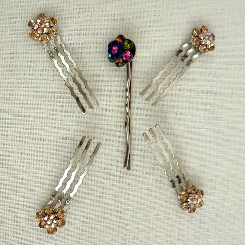 Rhinestone Flower Hair Jewelry Pins Set of 5 Multicolor Gold Floral Accessories